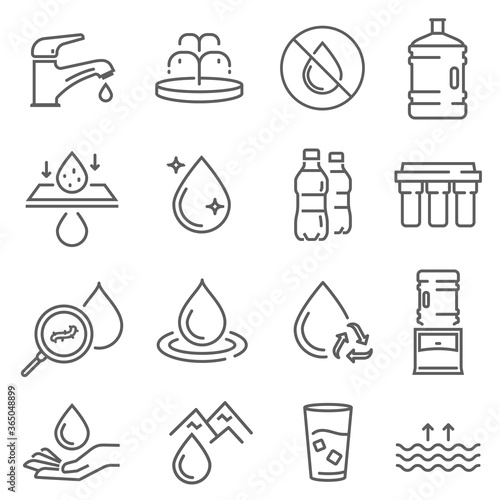 Water use, pollution, recycling thin line icons set isolated on white. Drop, drought, ecology pictograms.