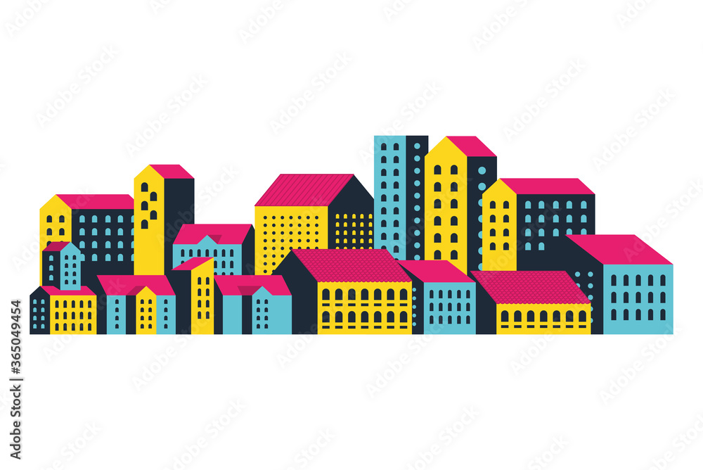 Yellow blue and pink city buildings design, Abstract geometric architecture and urban theme illustration