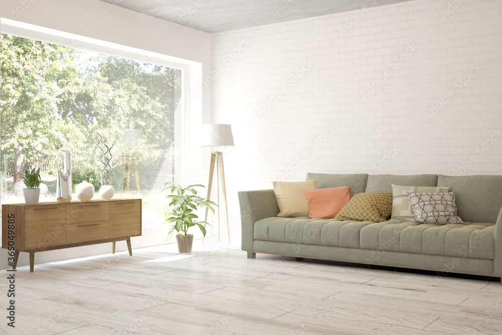 White living room with sofa and summer landscape in window. Scandinavian interior design. 3D illustration White living room with sofa and summer landscape in window. Scandinavian interior design. 3D illustration
