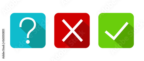 Set of round marks, cross, question mark, checkmark icons, buttons on white background.	
