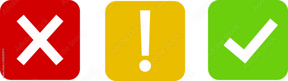 Set of round marks, cross, exclamation point, checkmark icons, buttons on white background.