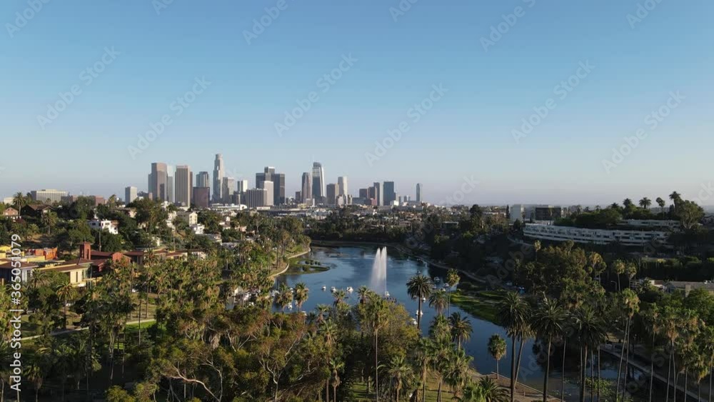 4K Aerial View Echo Park Pond with Los Angeles in Background 4K Aerial View Echo Park Pond with Los Angeles in Background
