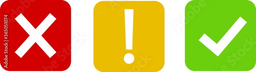 Set of round marks, cross, exclamation point, checkmark icons, buttons on white background.