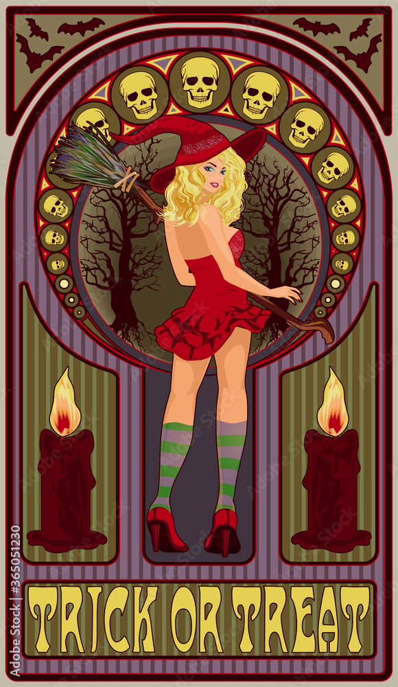 Blonde sexy witch with a broom, art nouveau style card, vector illustration