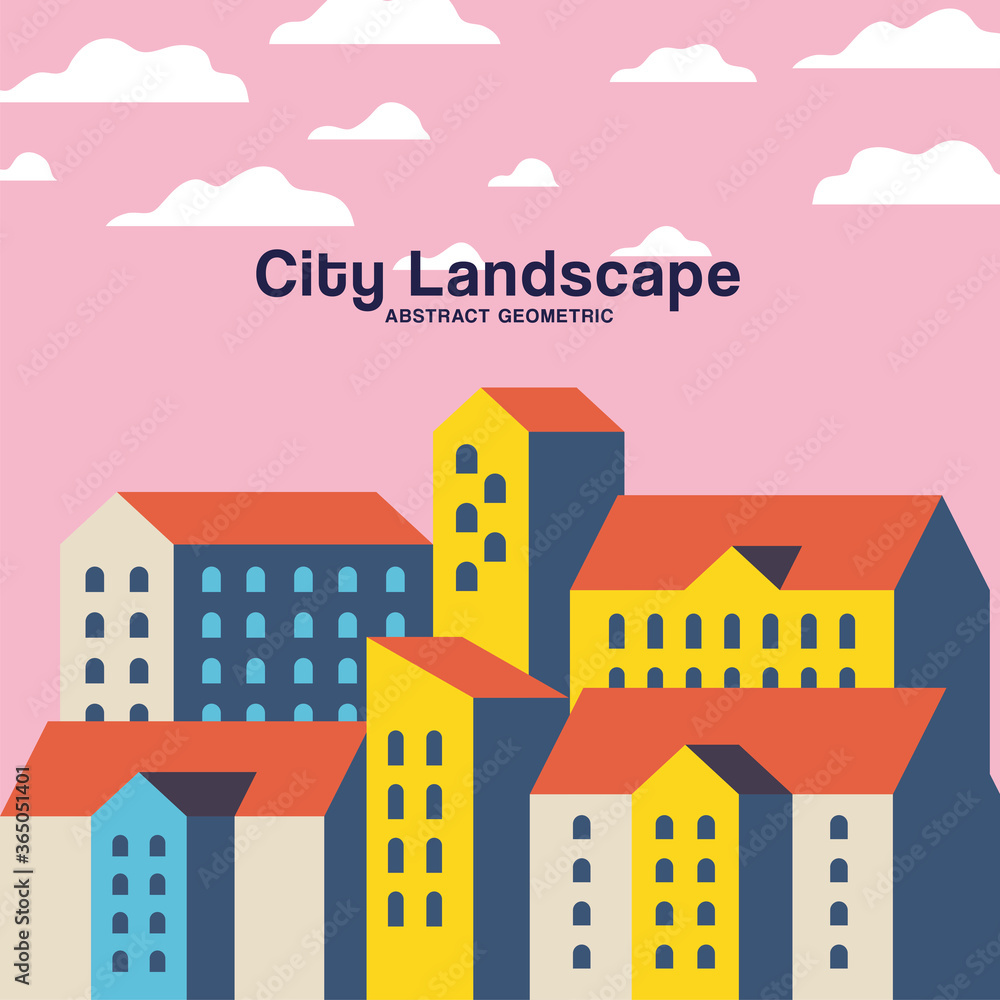 Yellow blue and orange city buildings landscape with clouds design, Abstract geometric architecture and urban theme illustration