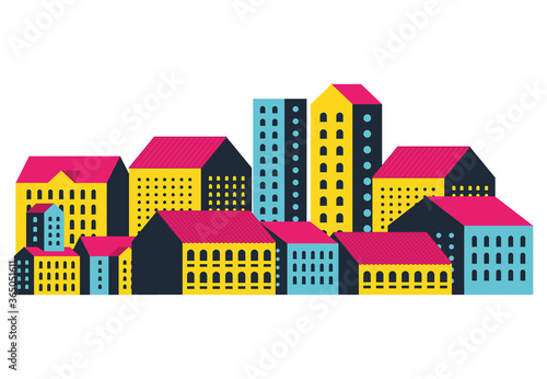 Yellow blue and pink city buildings design, Abstract geometric architecture and urban theme illustration