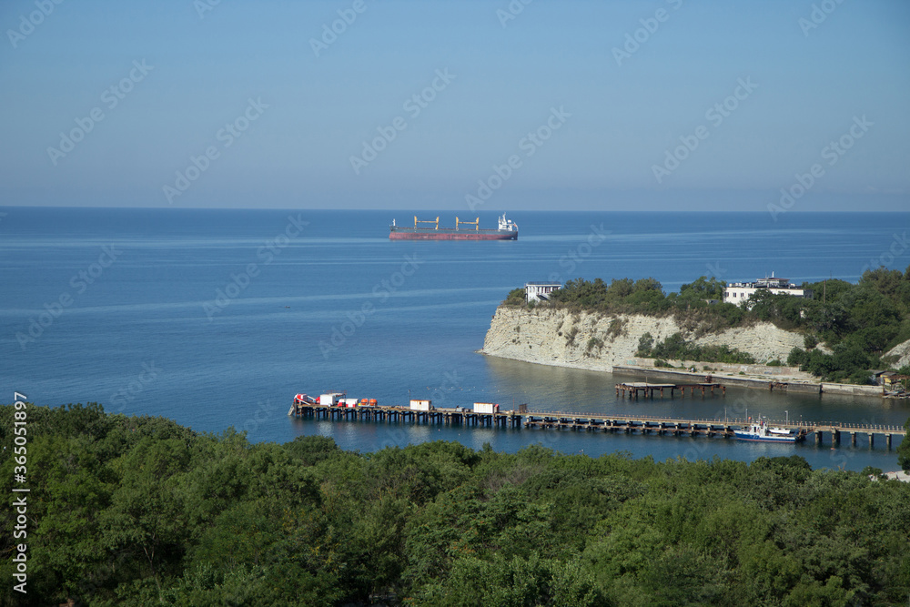 Landscape. Sea fishing bay on the Black Sea coast, rocky shores covered with forests. A cargo ship at sea.