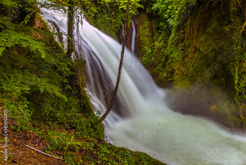 A long exposure close up view of a major waterfall at Marmore  Umbria  Italy in summer