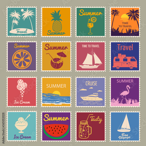 Set Postage stamp summer vacation Sunset Watermelon Jar Ice Cream Yacht Van Sailboat Pineapple Flamingo
