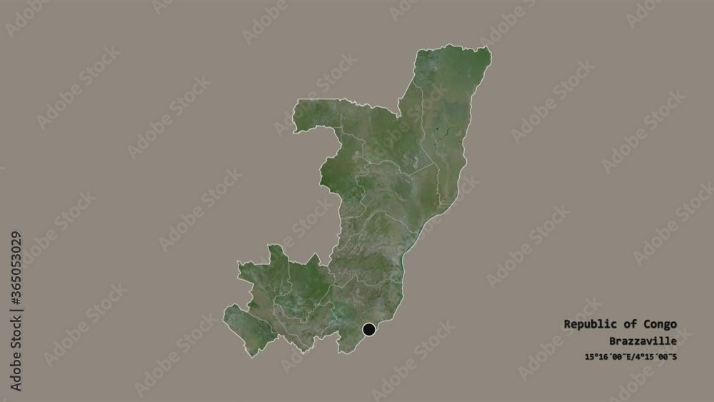 Lékoumou, region of Republic of Congo, with its capital, localized, outlined and zoomed with informative overlays on a satellite map in the Stereographic projection. Animation 3D Lékoumou, region of Republic of Congo, with its capital, localized, outlined and zoomed with informative overlays on a satellite map in the Stereographic projection. Animation 3D
