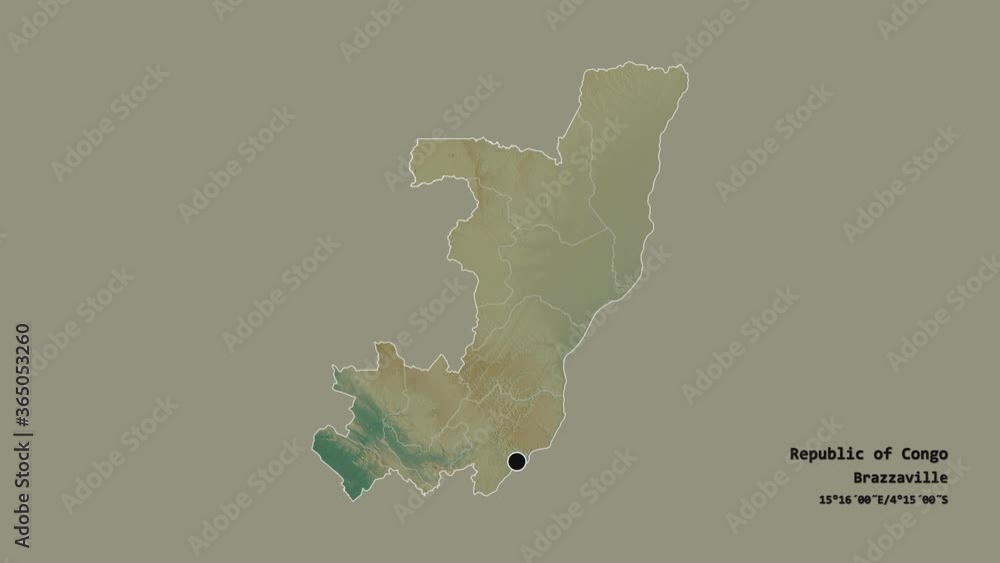 Likouala, region of Republic of Congo, with its capital, localized, outlined and zoomed with informative overlays on a relief map in the Stereographic projection. Animation 3D Likouala, region of Republic of Congo, with its capital, localized, outlined and zoomed with informative overlays on a relief map in the Stereographic projection. Animation 3D