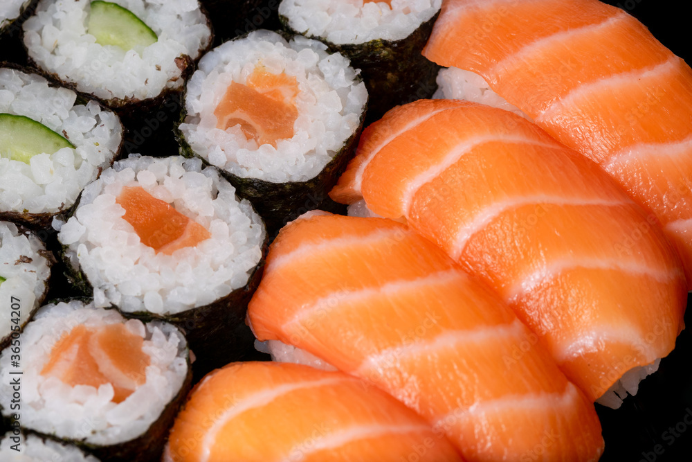 Sushi nigiri and hossomaki closeup macro Sushi nigiri and hossomaki closeup macro