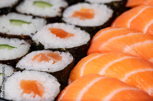 Sushi nigiri and hossomaki closeup macro photo