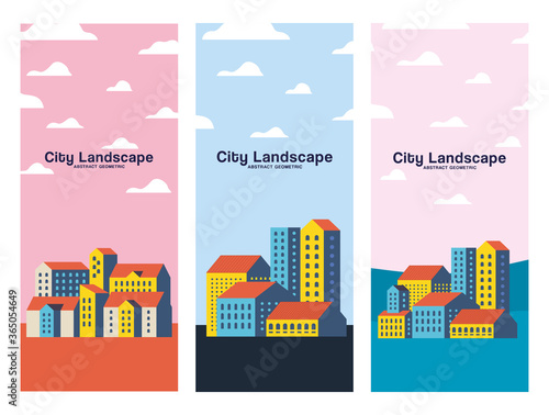 Yellow blue and orange city buildings landscape with clouds frames design, Abstract geometric architecture and urban theme illustration