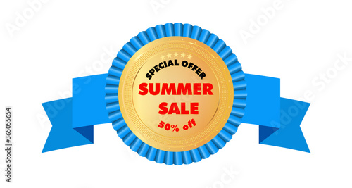 Summer sale,special offer 50% off, golden label, badge. Red text. Modern web banner element. Stock vector illustration on white isolated background.