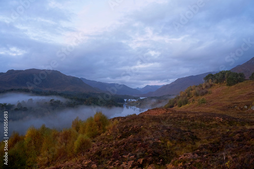 A moody misty morning in Glen Affric south west of the village of Cannich in the Highlands of Scotland passing through Loch Affric and Loch Beinn A' Mhedion