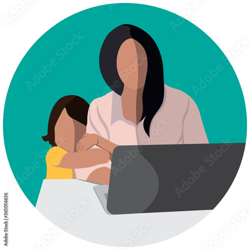 mother work at home with laptop and baby child hug. picture for web or print. for website. mom with kid