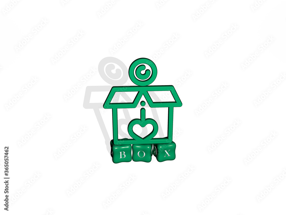 3D graphical image of box vertically along with text built by metallic cubic letters from the top perspective, excellent for the concept presentation and slideshows. background and illustration