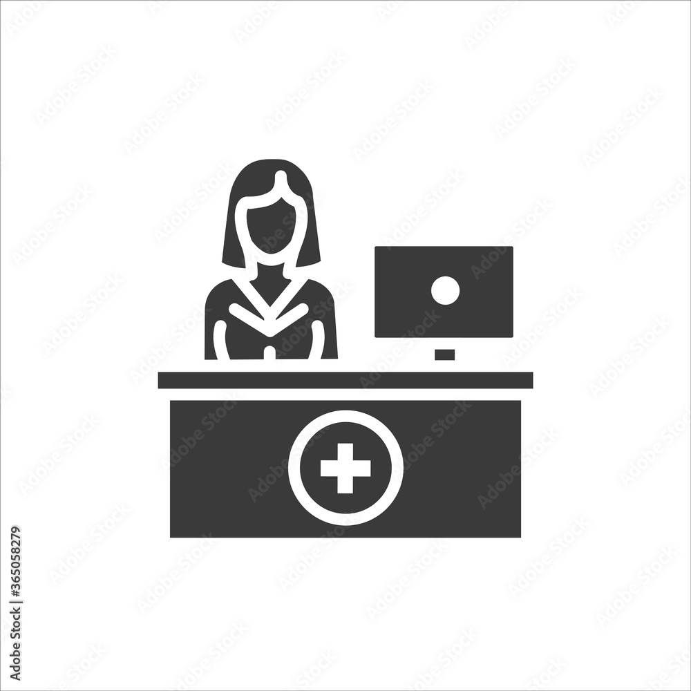Pharmacy counter with pharmacist glyph black icon. Nursing service concept. Hospital sign. Pictogram for web, mobile app, promo. UI UX design template Pharmacy counter with pharmacist glyph black icon. Nursing service concept. Hospital sign. Pictogram for web, mobile app, promo. UI UX design template