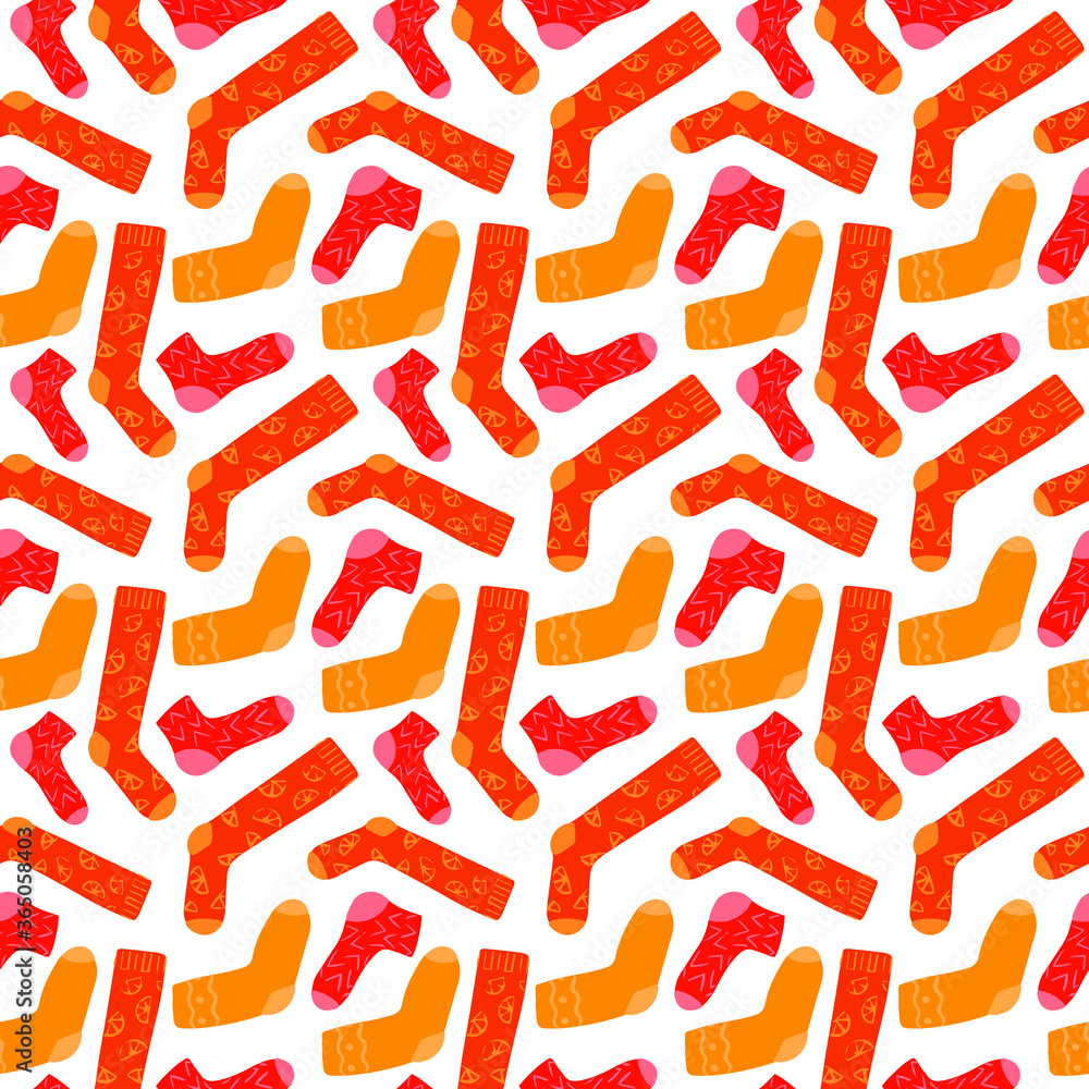 Seamless red and orange socks vector pattern on white background. Hand drawn stocking in a shades of orange. Perfect for wallpaper or fabric. Seamless red and orange socks vector pattern on white background. Hand drawn stocking in a shades of orange. Perfect for wallpaper or fabric.