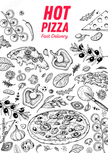 Italian pizza and ingredients. Italian food menu design template. Pizzeria menu design template. Vintage hand drawn sketch vector illustration. Engraved image.