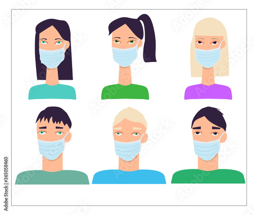 Coronavirus, COVID-19, contamination. This is a medical illustration of people in masks. Can be used as an illustration of those situations: it is necessary to protect breath, health from infection.