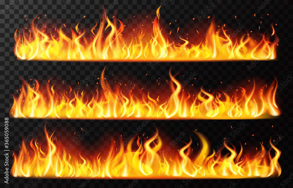 Realistic flame borders. Burning horizontal fire flame, red burning blaze border, fiery burning line isolated vector illustration set. Realistic fire light, bonfire flame inferno - obrazy, fototapety, plakaty 