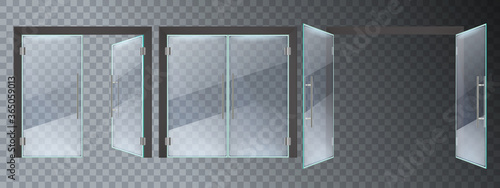 Realistic glass door. Entrance modern glass doors, office or shop mall steel frame close and open doors vector illustration set. Entrance glass door, empty transparent enter