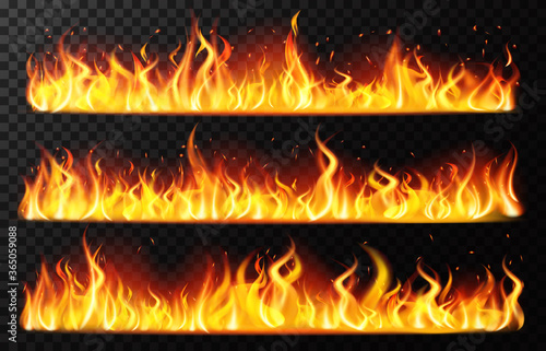 Realistic flame borders. Burning horizontal fire flame, red burning blaze border, fiery burning line isolated vector illustration set. Realistic fire light, bonfire flame inferno