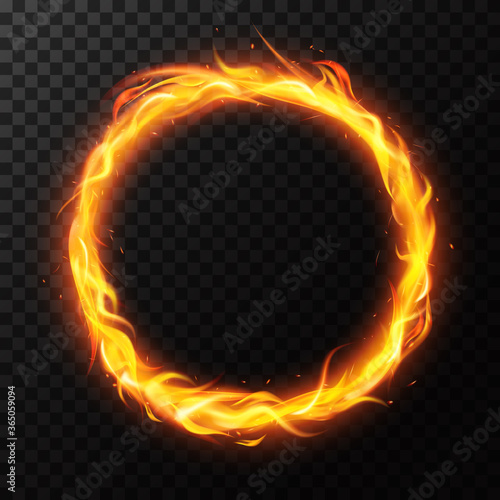 Realistic fire ring. Burning flame circle hoop, red flaming round light, circus fiery circle ring frame isolated vector illustration. Ring fire realistic, light circle glow