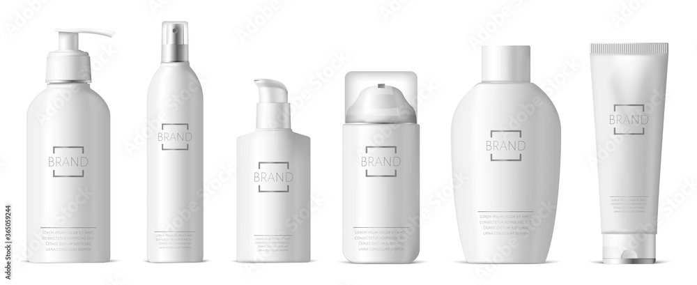 Realistic plastic skincare package. Cosmetic 3d plastic bottle, dispenser pump and spray, shampoo, lotion, soap package vector illustration set. Realistic container skincare foam, bottle and package - obrazy, fototapety, plakaty 