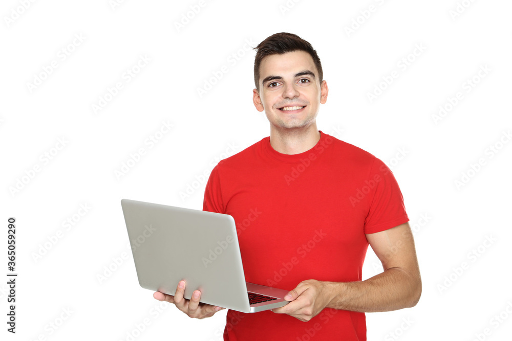 Young man with computer laptop on white background Young man with computer laptop on white background