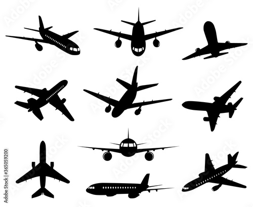 Airplane silhouette. Passenger plane, back front and bottom views, aircraft jet silhouettes isolated vector illustration icons set. Jet monochrome, plane and airplane, commercial passenger flight