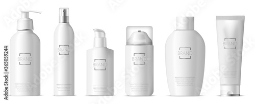 Realistic plastic skincare package. Cosmetic 3d plastic bottle, dispenser pump and spray, shampoo, lotion, soap package vector illustration set. Realistic container skincare foam, bottle and package
