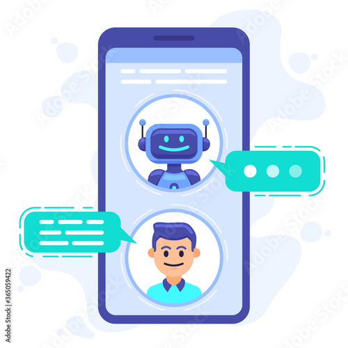 Chat bot communication. Smartphone chatting with conversation bot, chat assistant bot at cellphone screen, robots sms dialog vector illustration. Robot communication conversation chatting