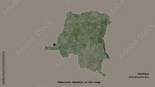 Kasaï, province of Democratic Republic of the Congo, with its capital, localized, outlined and zoomed with informative overlays on a satellite map in the Stereographic projection. Animation 3D photo