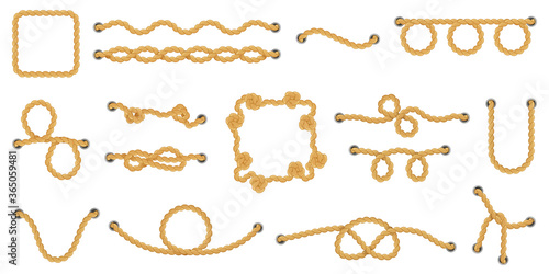 Nautical navy rope. Marine yacht decorative cordage knots, nautical knots, sea boat cord divider and marine ropes vector illustration icons set. Marine navy knot, boat sea rope collection