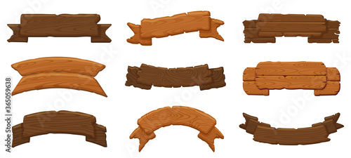 Wooden ribbon boards. Wood antique sign boards, hanging wood billboard and empty rustic banners vector illustration icons set. Wood plank board, wooden panel signpost