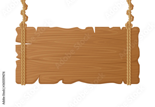 Wooden hanging board. Wood empty signboard on rope, vintage blank billboard, hanged wood board plank vector illustration. Billboard vintage plank, signboard banner