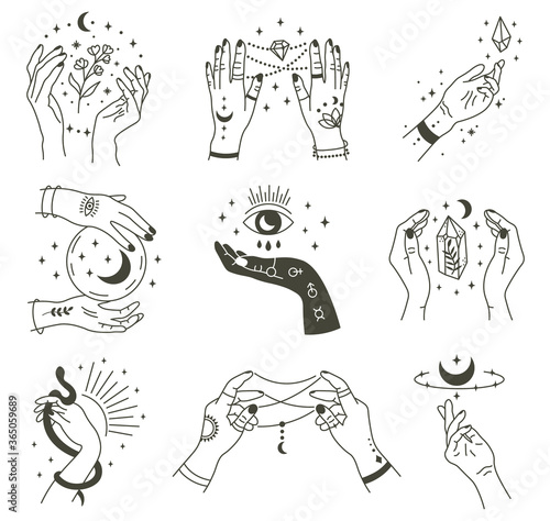 Magical hands. Boho occult magic hand, witch mystical symbol, witchcraft hand drawn arms with moon and crystal vector illustration icons set. Magic spiritual witchcraft, mystic esoteric