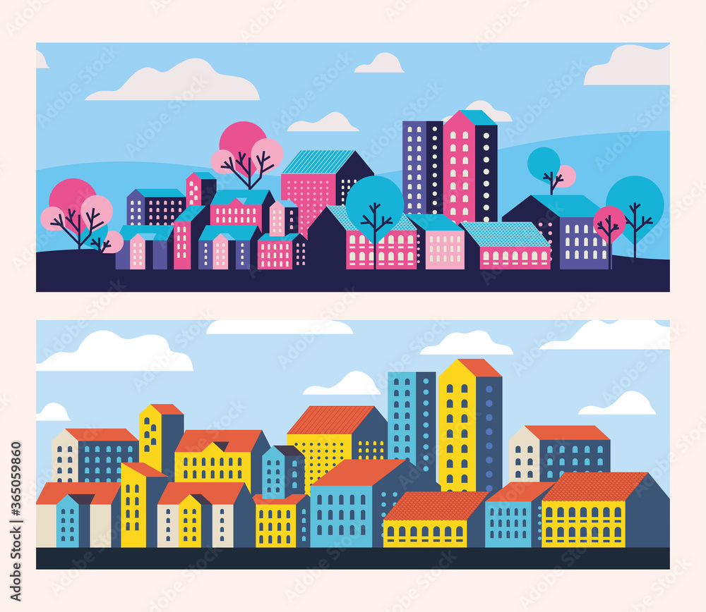 Yellow blue and pink city buildings landscape with clouds and trees frames design, Abstract geometric architecture and urban theme illustration