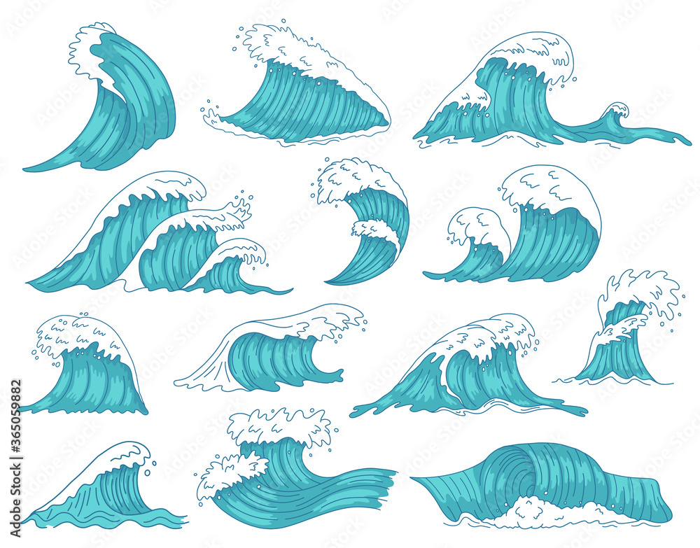 Obraz premium Oceanic waves. Sea hand drawn tsunami or storm waves, marine water shaft, ocean beach surfing waves isolated vector illustration icons set. Tsunami storm, sea wave motion