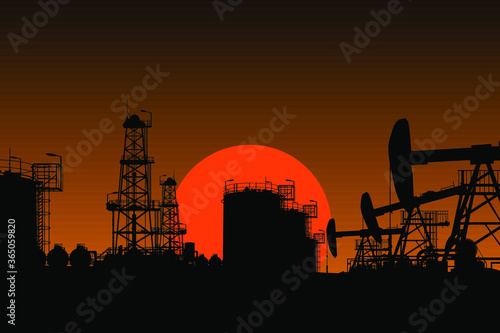Oil production. Silhouettes of oil derricks and tanks on a sunset background. Vector illustration