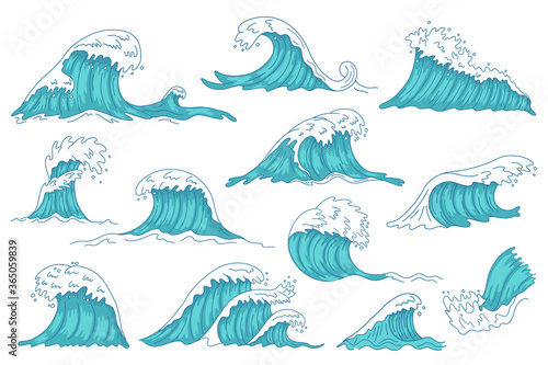Sea waves. Ocean hand drawn water wave, vintage storm tsunami waves, raging marine water shaft isolated vector illustration icons set. Water ocean storm, splash wave collection