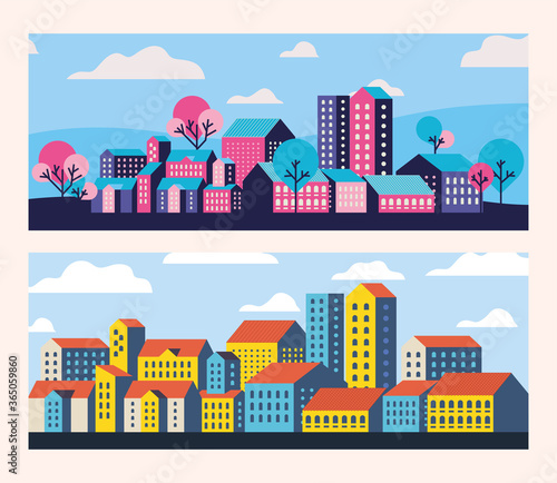 Yellow blue and pink city buildings landscape with clouds and trees frames design  Abstract geometric architecture and urban theme illustration