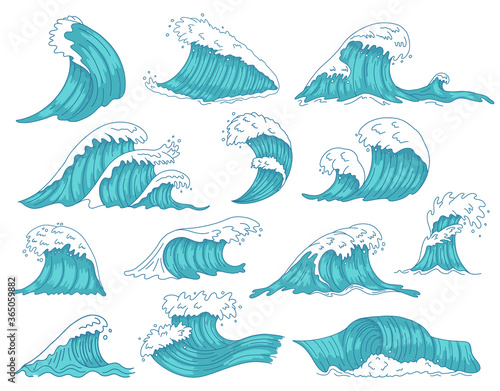 Oceanic waves. Sea hand drawn tsunami or storm waves, marine water shaft, ocean beach surfing waves isolated vector illustration icons set. Tsunami storm, sea wave motion