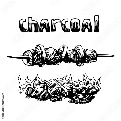 burning charcoal, firewood for barbecue with meat & onion, logo, emblem, menu decoration, vector illustration with black ink contour lines isolated on a white background in a doodle & hand drawn style