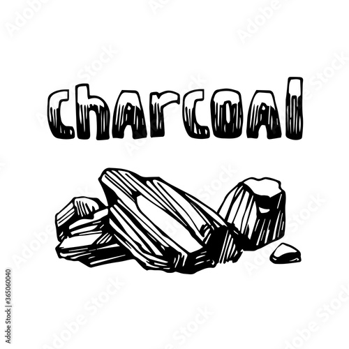 coal, charcoal, firewood for fireplace or barbecue, logo, emblem, decoration, vector illustration with black ink contour lines isolated on a white background in a doodle & hand drawn style