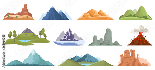 Mountain peaks. Snow ice tops, green hills and volcano outdoor landscape, hiking, climbing mountain valley view vector illustration set. Mountain rocky, top terrain, wild outdoor peak
