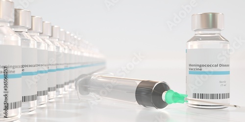 Medical bottles with meningococcal disease vaccine and syringe, 3D rendering photo